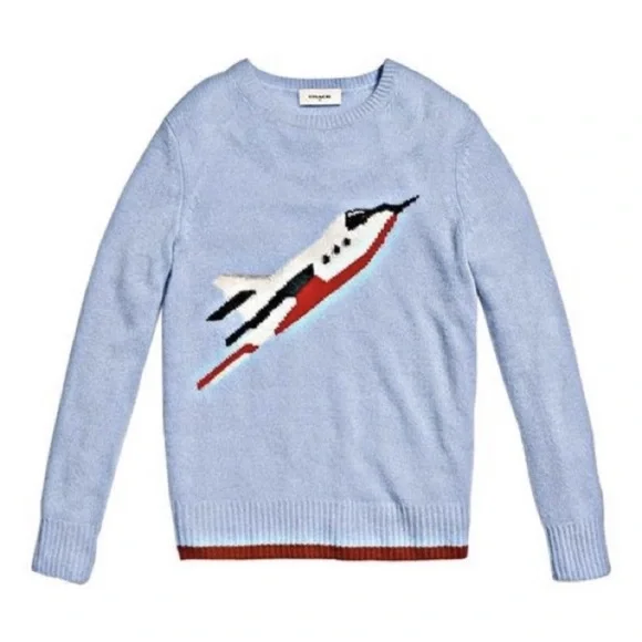 Coach 1941 Powder Blue Intarsia Sweater M 100% Cashmere Rare HTF Runway - Picture 2 of 14